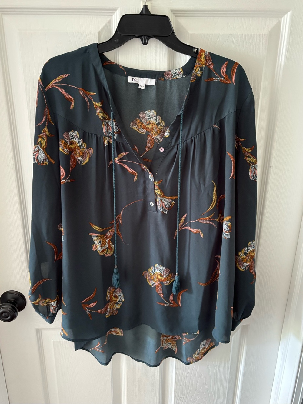 DR2 Teal Floral Tassel-Tie Blouse with Mustard & Rust Accents